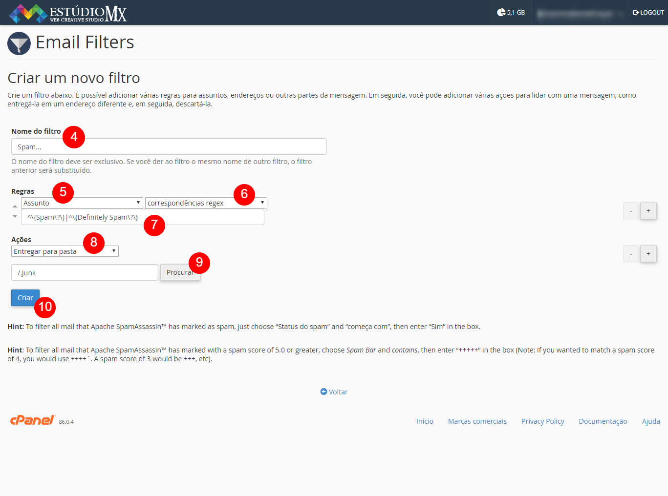 Criar um filtro para e-mails
