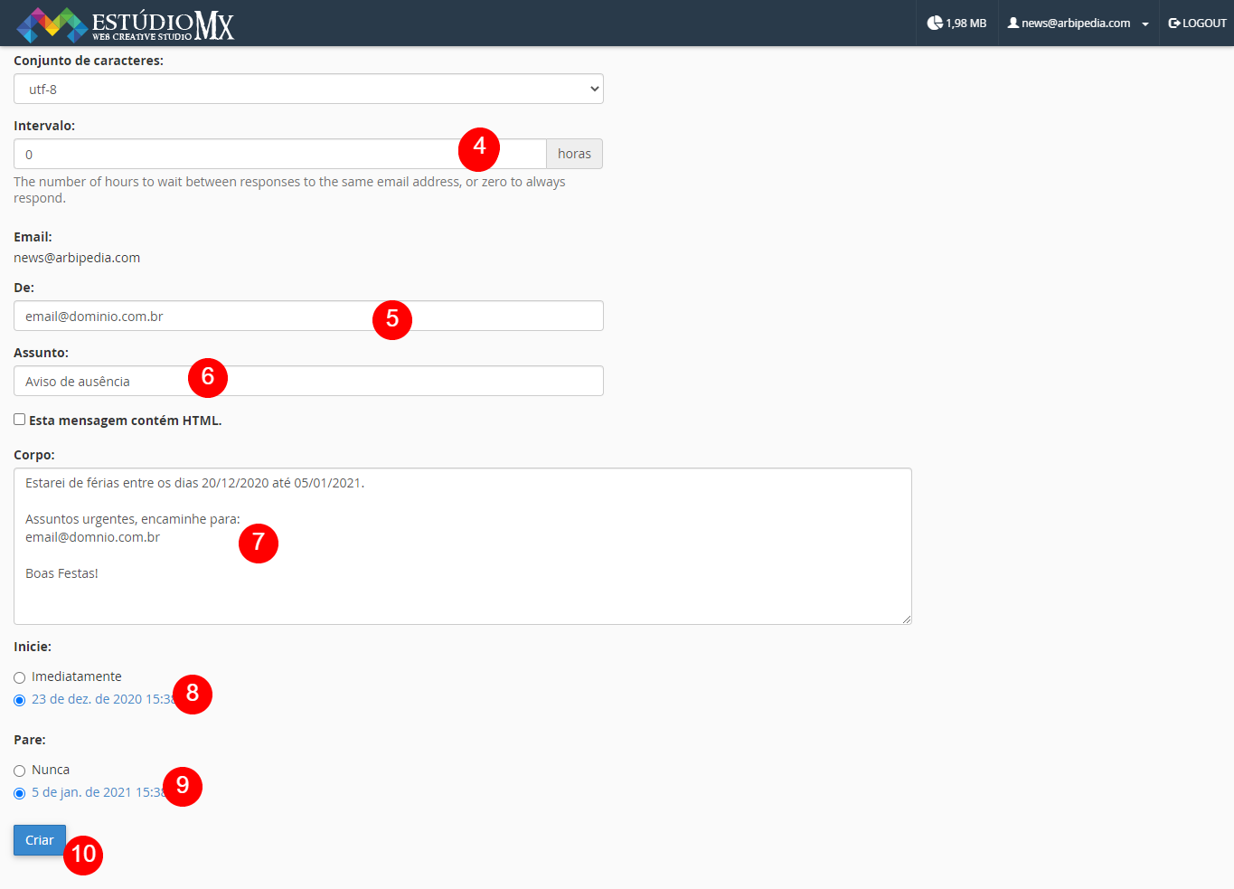 Resposta autom&aacute;tica de aus&ecirc;ncia